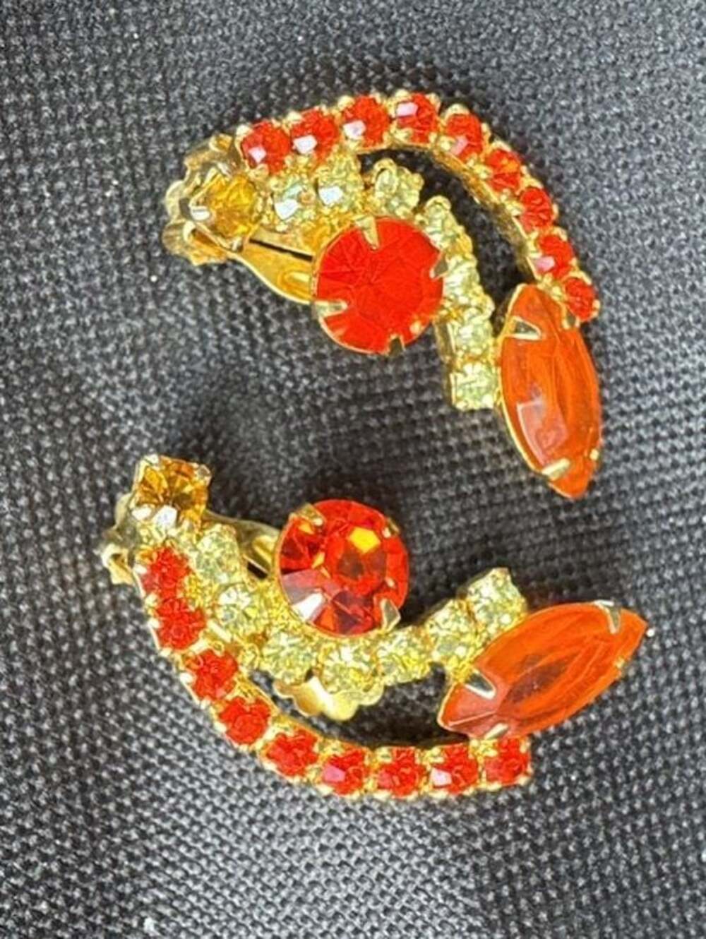 Vintage Gold Tone Clip-On Earrings with Red and Yellow Rhinestones